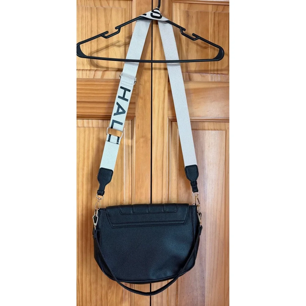 Halston Black Pebbled Faux Leather Crossbody Shoulder Bag Logo Strap Gold Tone